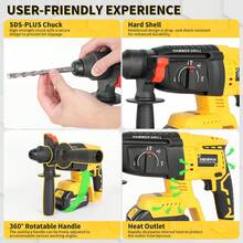SDS-Plus Hammer Drill, 21V Brushless Cordless SDS Hammer Drills, 4000mah 4.0Ah Lithium-Ion Battery Powered, 4.0A Fast Charger, 4 Modes, Rotomartillo For Concrete, Heavy-Duty Wireless Charging Electric Pick, Christmas Gifts - US A Type Plug(110-127V) - View 4
