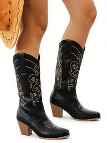 Cowboy Boots For Women, Brown Western Style Fashion Pointed Toe Embroidered Chunky Heel Slip-On Boots, Autumn/Winter - Black - View 11