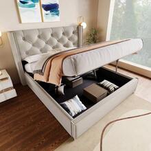 Hydraulic Upholstered Double Bed 160x200cm, Metal Slatted Base, Modern Bed Frame With Storage Space, Cotton, Light Grey - Light Grey - View 1
