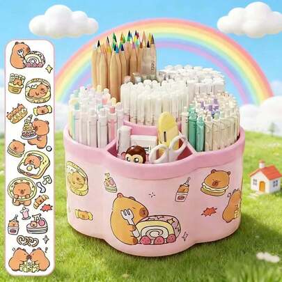 1pc 360° Rotating Pen Holder & Makeup Organizer Box - Large Capacity Desktop Storage, Comes With Cute Hippo Sticker, Portable Organizer For Office & Cosmetics