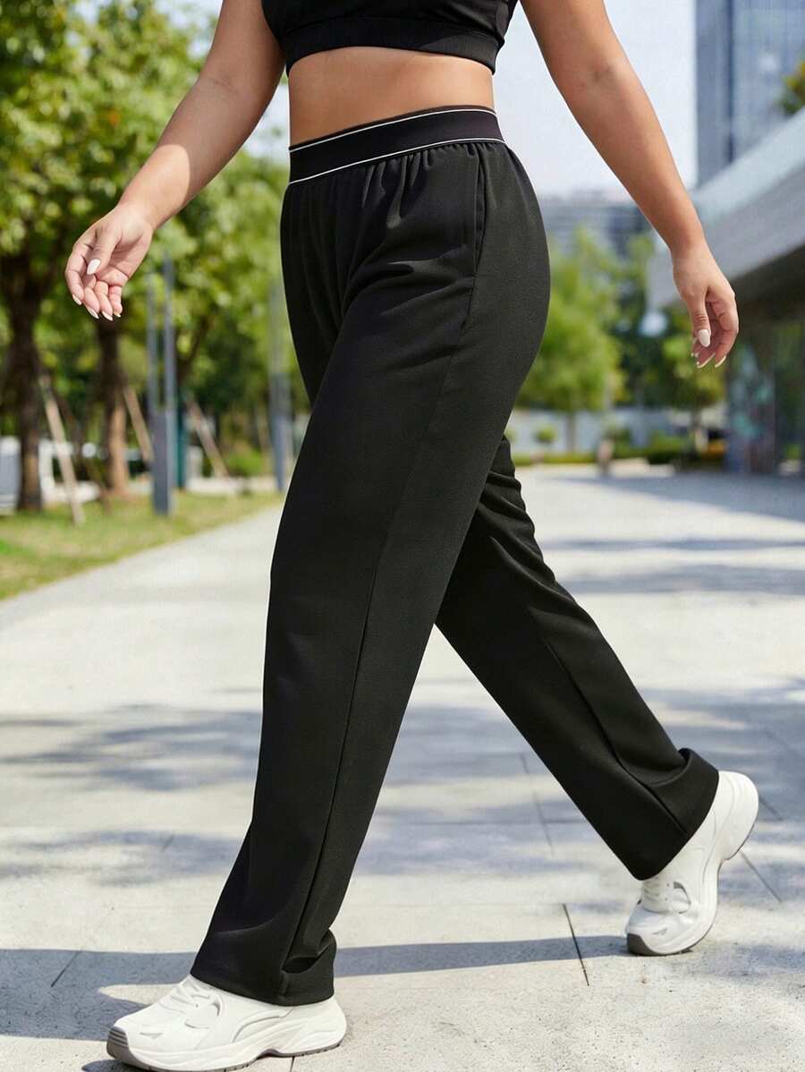 大尺碼女款休閒運動長褲,鬆緊腰直筒褲,中彈力梭織布料運動褲 - 黑色 - 查看 1
