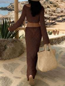 Conjunto de ropa de playa casual para mujer, top calado y falda, primavera - marrón - Ver 6