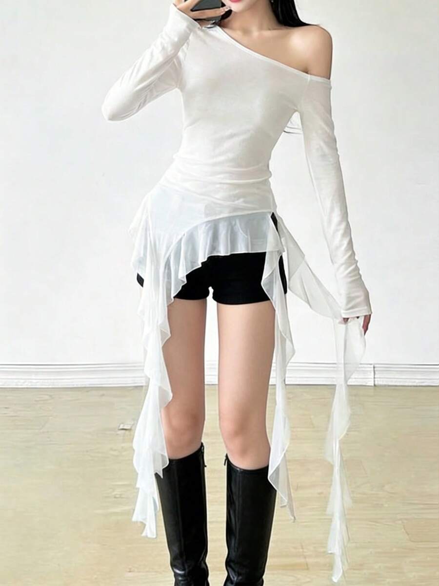 女款甜美精緻街頭風修身長袖露肩荷葉邊流蘇上衣,純色針織布料拼接網紗,優雅適用派對、約會、日常、機場,春夏白色 - 白色 - 查看 1