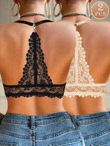 2 pezzi Reggiseno con chiusura anteriore in pizzo con ferretto, push-up, design bello sulla schiena, traspirante e comodo, per sollevare e raccogliere il seno, adatto per uso quotidiano e casual - Multicolore - Visualizzare 3