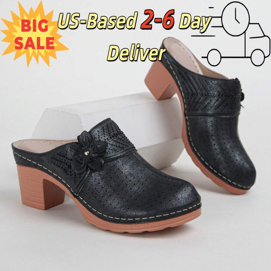 Women's Heeled Mule Sandals: Perforated Breathable Design With Arch Support & Floral Decor | Chunky Heel Slide Sandals With Cloud Comfort Cushion For Summer Outings & Beach Vacations | Orthopedic-Enhanced Comfort With Adjustable Strap.Women's Black Summer Heel Shoes.Zapatos De Tacón De Mujer,Tacones De Mujer Elegantes,Wedges Heels For Women. - 9303黑色 - 查看 1