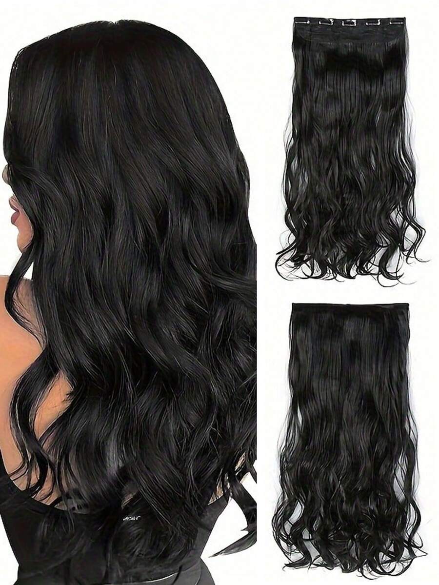 20-Inch Long Curly Hair Extensions - 5 Clips Synthetic Fiber Wig Hair Clips For Women's Hair Accessories - Black - View 1
