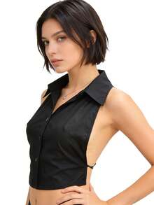 1/2 Pcs Women Backless Shirt Top Faux Blouse Insert Halter Neck Button Front Sleeveless Layered Dickey Collar Top Chic White Summer Fashion Outfit Piece Adjustable Backless Shirt Insert - Multicolor - View 11