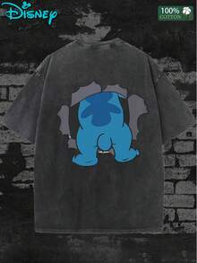 Disney Lilo & Stitch T-Shirt Men Double Sided Breakthrough Graphic Tee Washed Vintage Casual Short Sleeve Tops - màu đen - Xem 2
