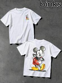 Disney Mickey Mouse Pattern Print, Cartoon Elements Fashionable Loose Short Sleeved Street Style T-Shirt, Spring And Summer Fashionable Versatile Top - trắng - Xem 3