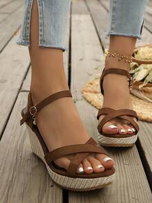 New Summer Platform Wedge Sandals, Thick Bottom High Heel Increasing Height Slimming Flat Heel Sandals - Brown - View 3