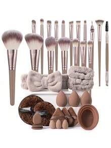 36件套化妆工具套装，包含：18支化妆刷套装+1个发带+2个手碗带+2个洁面海绵+3个化妆海绵+3个三角粉扑+3个迷你气垫粉扑+3个迷你化妆海绵+1个化妆刷清洁工具，一应俱全，新手友好 | 方便携带，送礼佳品 | 新手/女性的完美之选 - 彩色 - 查看 1