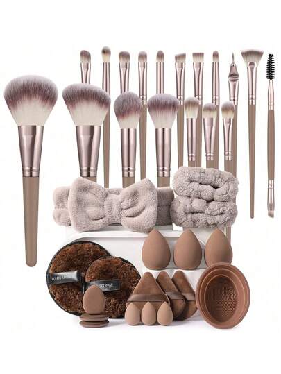 36件套化妆工具套装，包含：18支化妆刷套装+1个发带+2个手碗带+2个洁面海绵+3个化妆海绵+3个三角粉扑+3个迷你气垫粉扑+3个迷你化妆海绵+1个化妆刷清洁工具，一应俱全，新手友好 | 方便携带，送礼佳品 | 新手/女性的完美之选