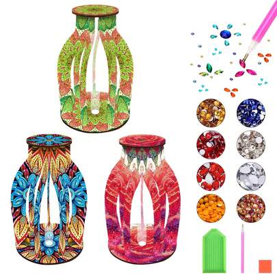 1pc 2D/Flat Diamond Painting Kit Vase, Mandala Theme Wooden Vase Combination, 3D Craft Desktop Decor Suitable For Home, Office, Living Room Vase Display