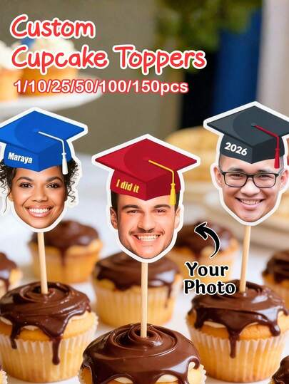 1/10/25/50/100/150pcs Custom Photo Face Cake Toppers With Graduation Cap & Party Hats - Personalized Cupcake Picks For Birthday, Wedding, Class Of 2026, Funny Groom Face Decor, Holiday Dessert Accents
