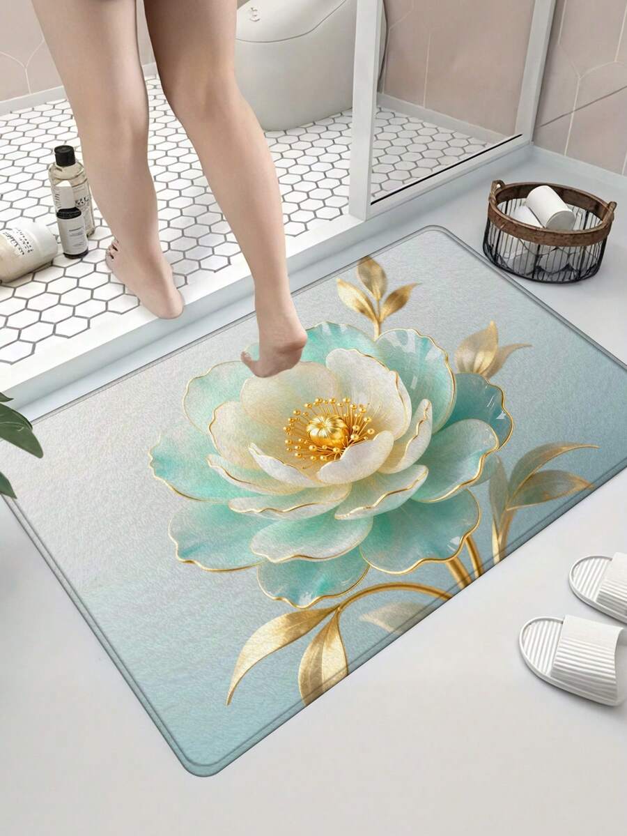1pc Gradient Floral Art Bathroom Mat With Golden Outline, Machine Washable Shower Mat, Outdoor Doormat, Living Room Carpet, Entrance Mat, Runner Rug, Bathroom Rug, Luxury Gradient Peony Mat, Jade Floral Mat, Embossed Gold Mat, High-End Luxury Mat, Entrance Doormat, Anti-Slip Bathroom Mat, Water-Absorbent Bath Rug, Entrance Foot Mat - Jade Golden Peony - View 1