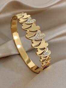 18K Gold Plated Stainless Steel Vintage Romantic Heart-Shaped Diamond Bangle Bracelet Set For Women Ladies, Summer Bohemia Beach Stainless Steel Jewelry, Vacation Season, Gifts For Mom, For Daily Party Dates Gala Wedding Valentine Anniversary Music Festival Christmas, Dates, Easter Day - Multicolor - View 8
