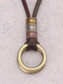 1 Pieza Collar Sencillo Con Colgante De Aleación De Zinc En Forma De Doble Anillo De Tres Colores Ajustable, Collar De Piel Marrón Para Hombres, Moda Hip-hop Con Cadena Larga - Bronce - Ver 9