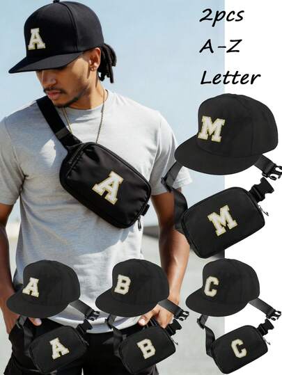 2pcs Unisex Personalized 26 Letter Street Hip Hop Hat & Crossboy Bag Set, Outdoor Street Flat Bill Hip Hop Hat, Portable Phone And Coin Pack, Suitable For Daily Streetwear,Outdoor Sports, Fashion Accessory, Festival Gift, Shopping Travel,Father's Day Gift