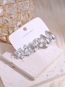 Set de 6/18 piezas de aretes con flores plateadas, formas C suaves y formas retorcidas, mejor regalo para amigos y familiares - Plateado - Ver 4