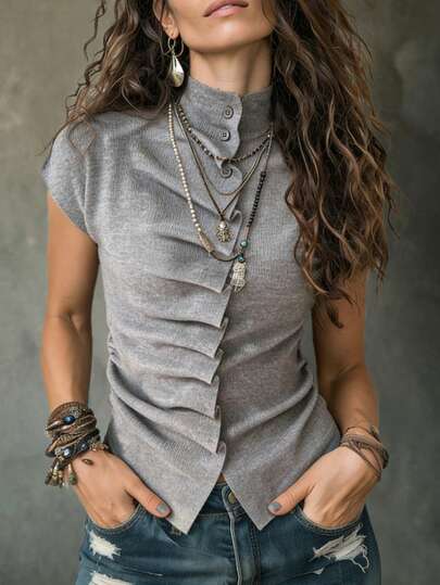女士时尚优雅休闲/办公通勤高领灰色褶皱纽扣修身无袖针织上衣，春夏款