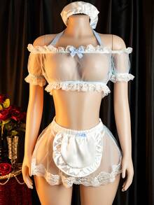 Sexy Maid Costume Set, Includes Headband, Top, Maid Skirt And Thong (Stockings Not Included) - Blue - View 1