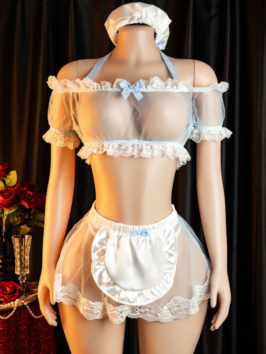 Sexy Maid Costume Set, Includes Headband, Top, Maid Skirt And Thong (Stockings Not Included) - Blue - View 1