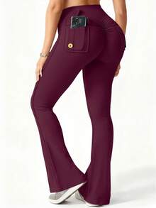 6pecil Quần ống loe nữ ngoài trời có túi, quần legging thể thao ôm sát nâng mông dành cho nữ, màu tím đỏ trung bình, mùa xuân. - Màu tím - Xem 4