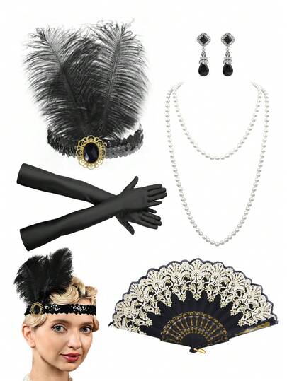5Pcs Forever & Moment 1920s Flapper Accessories Set For Women, Headband, Earrings, Solid Color Long Gloves, Necklace, Fan, For 1920s Retro Parties, Dances, Galas, Cocktail Parties & Weddings