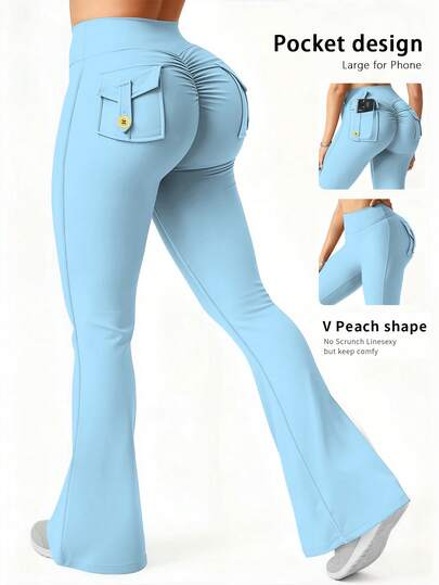 6pecil Pantalones acampanados con bolsillos para mujer, Mallas deportivas ajustadas para mujer, Pantalones de yoga que levantan el trasero, Primavera