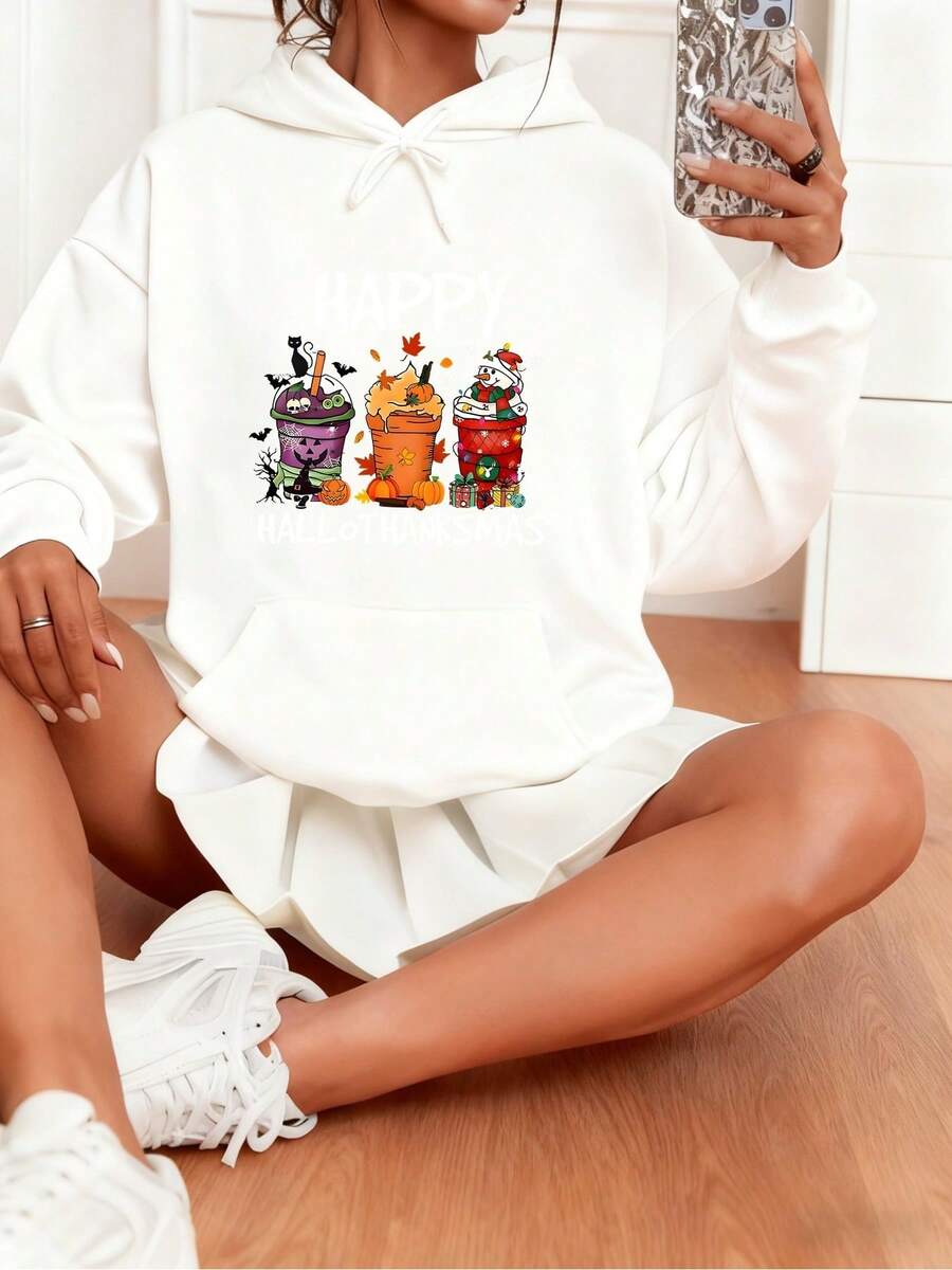 Plus Size Women's Winter Casual Sports Hoodie,Women Winter Warm Hooded Sweatshirt - Cozy High-Street Casual Sweater With Geometric Pocket And Hood, Long Sleeve Pullover, Washable FallWinter Outfits (Regular Fit)- Religious Faith Inspired Apparel - White - View 1