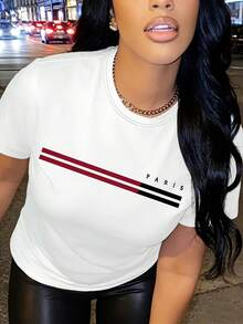 Hot Hour  Women'S Y2K Graphic-Shirt - Paris Print, Black & White Stripes, Soft Polyester Blend, Washable, Casual Short Sleeve Top All Seasons, Everyday Tshirt |   Y2K Fashion |   Comfortable Fit, Woman'S Shirt, Pretty-Shirt Women, Woman'S Blouse, Woman'S, Woman'S-Shirt - 白色 - 查看 4