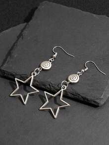 1 par de pendientes colgantes de concha marina y estrella en tono plateado, pendientes versátiles de estrella de cinco puntas para mujeres - Plateado - Ver 4