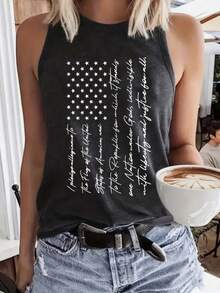 The American Flag - Independence Day Print Vest, Crew Neck Casual Every Day Top, Women's Clothing - 黑色 - 查看 1