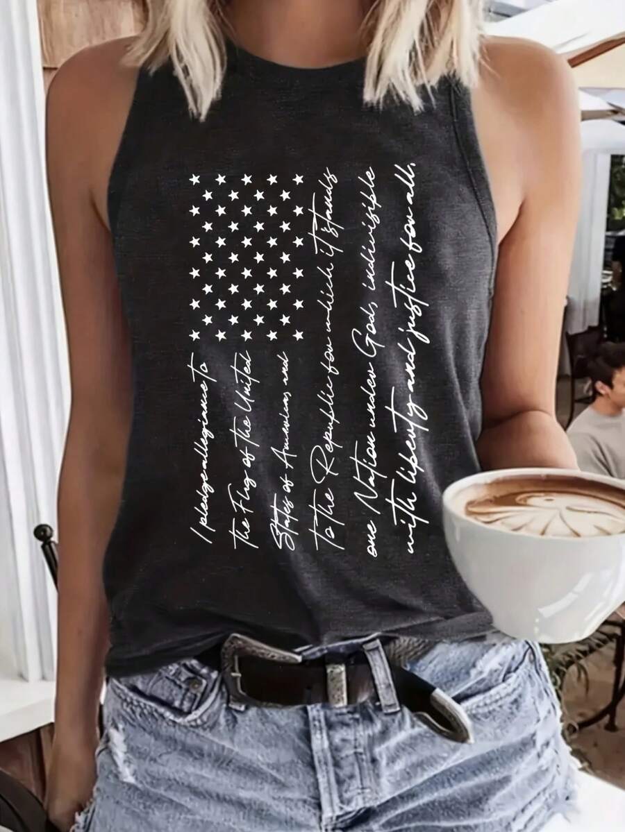 The American Flag - Independence Day Print Vest, Crew Neck Casual Every Day Top, Women's Clothing - 黑色 - 查看 1