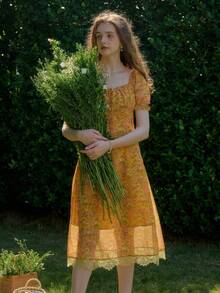 Vestido de cuello cuadrado con estampado floral diminuto de estilo casual de vacaciones - Naranja - Ver 3