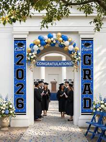 2pcs-Class Of 2026 Graduation Door Banners, Blue Graduation Porch Signs With Grad Cap & Diploma Print, Durable Polyester Decor For Graduation Party - Multicolor - View 2