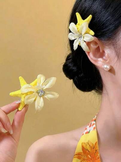 2PCS Sweet Yellow Starfish Flower Women's Hair Clip Side Clip With A High-End Feel, Bangs Clip For Fractured Hair, Seaside Vacation Style Photo Atmosphere Hair Accessory, Suitable For Daily Use, Holiday Gatherings, Events, And Parties, Hair Accessory Headwear Gift For Girls, Claw Clips