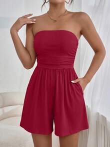 Women Summer Romper Strapless Tube Ruffle Boho Loose Shorts Jumpsuits Pockets Casual Daily Spring Holiday Beach Vacation Airport Outfits - Red - View 5
