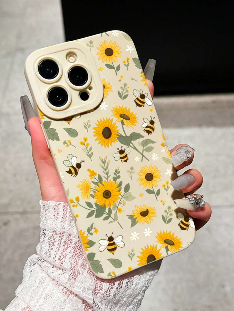 可爱蜜蜂雏菊图案TPU防震手机壳，适用于苹果15pro、17、17Air、17promax、16、15、14、13、12、11promax、11、16promax、13promax、14plus、XR、15plus、14pro、12mini等机型，女士节日礼物，14promax软壳 - 彩色 - 查看 1