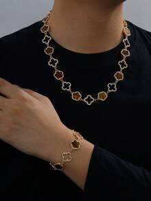 1 Set de Joyería de Collar y Pulsera con Trébol de Cuatro Hojas y Trébol de Cinco Hojas de Lujo con Diamantes Hueco para Hombres - Marrón - Ver 3