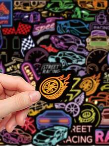 50pcs Neon Racing Stickers Aesthetic Vibes For Journal, Phone Case, Tablet, Water Bottle, Desk, Helmet, Bike, Luggage, Waterproof Decals - Multicolor - View 5