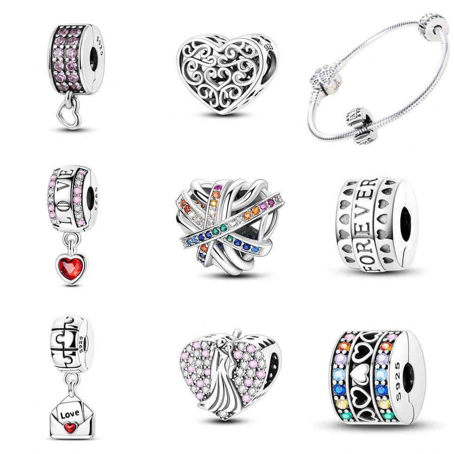 1 Pc Fashion Heart Sparkling Beads Dangle Charm Silver Plated Fit Bracelet Necklace DIY Holiday Gift - Multicolor - View 1