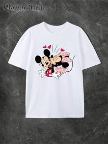Disney Women's Casual Cotton Minnie & Mickey Mouse Kissing Graphic T-Shirt Short Sleeve Round Neck Regular Fit Top - 白色 - 查看 2