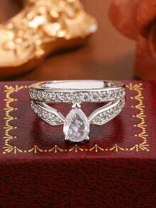 时尚双层水滴几何戒指，女士订婚及结婚珠宝礼物 - 白色 - 查看 4