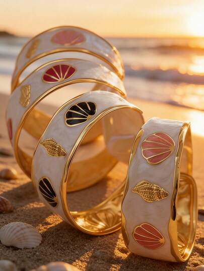 Minimalist Elegant Stainless Steel Bracelet With Ocean Elements, Open Cuff Bracelet With Seashell Decor, Suitable For Women To Wear During Vacation, Music Festival, Travel