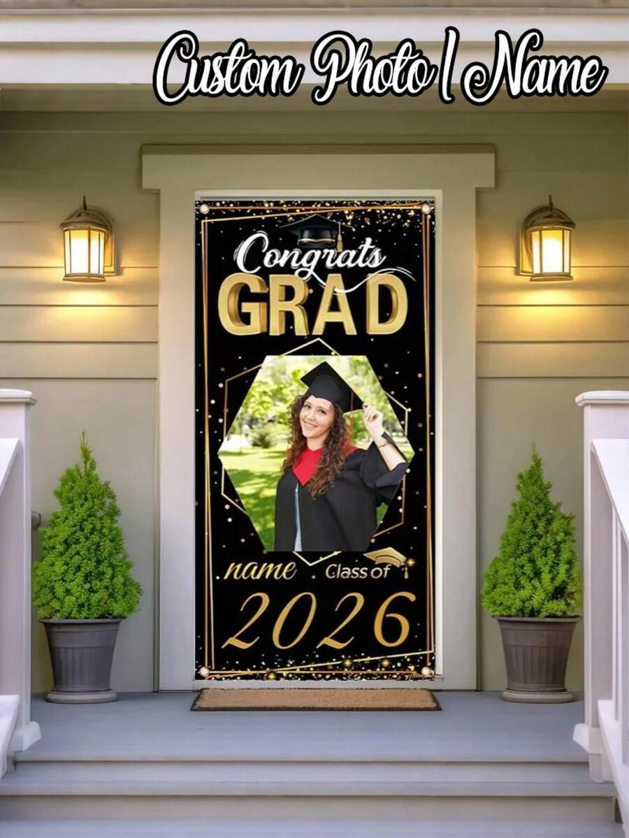 1pc Customized 2026 Graduation Horizontal Banner, Elegant Black Gold Color, Includes Personal Name And Photo, Custom Polyester Fiber Banner, Graduation Party Decoration, Unframed Graduation Poster, Wedding Welcome Poster, Class Of 2026 - Multicolor - View 1