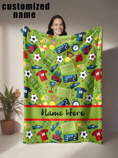 1pc Customizable Football Themed Blanket, With Vibrant Green Background Printed With Football, Jersey, Goalkeeper Gloves, Cleats, Goal, Corner Flag, Scoreboard, Trophy And Other Rich Football Elements, Full Of Sports Vitality, Made Of Soft Flannel Fabric, Suitable As A Sofa Throw, Bed Scarf, For Home, Office Or Camping - Perfect Gift For Friends And Family, Personalized Blanket, Ideal Gift For Football Fans
