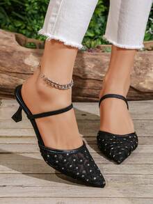 New Mesh Pointed Toe Chunky Heel Sandals Mules Two-Way Wear Pumps - Black - View 4