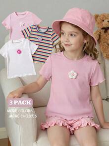 3pcs Young Girl Casual Ribbed Short Sleeve Floral Top And Colorful Ribbed Shorts Set - White - View 3