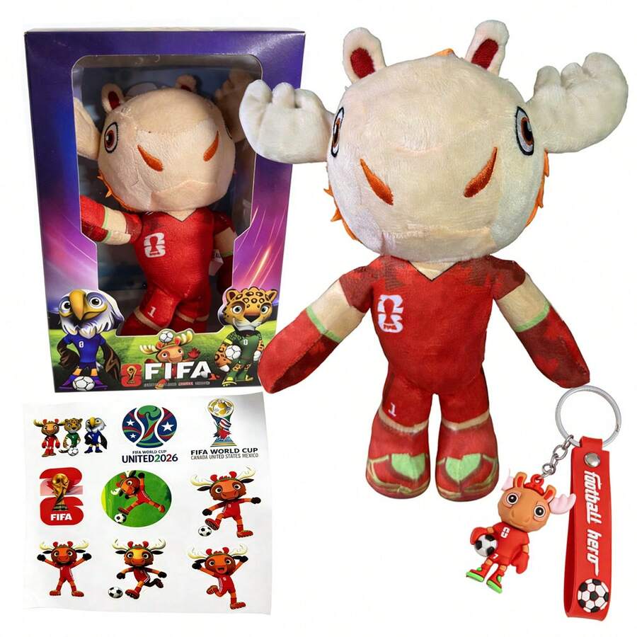 Mascota Oficial Mundial 2026 México United States Canada: Peluche de Colección Alce de Canadá con Caja de Regalo de Lujo, Llavero Temático y Stickers - Set de Souvenir de Fútbol Premium para Fans y Niños - Rojo - Ver 1